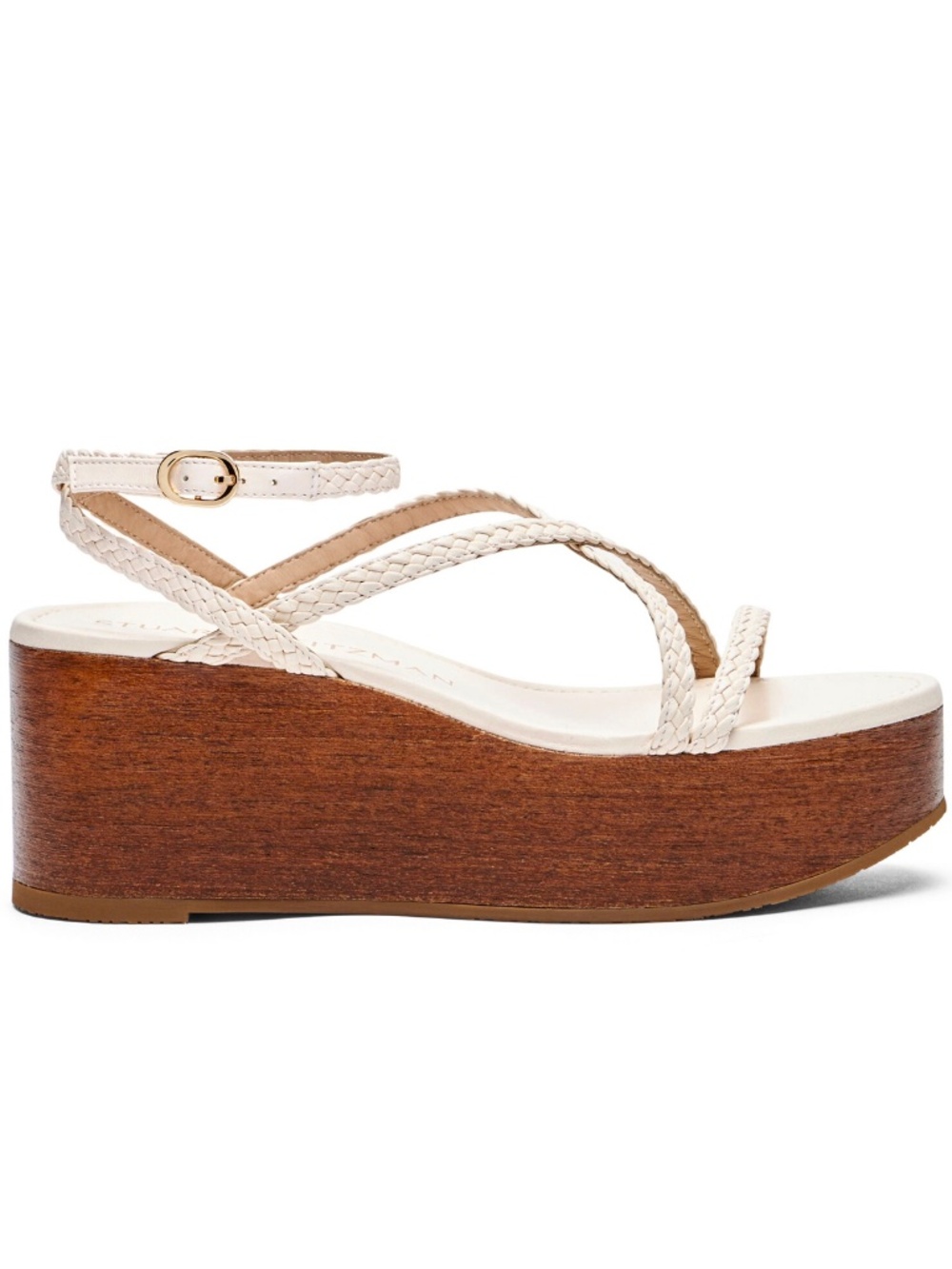 STUART WEITZMAN NIB WOVETTE SEASHELL WALLNUT WOOD WEDGE SANDAL. SIZE 9 B - Picture 10 of 16